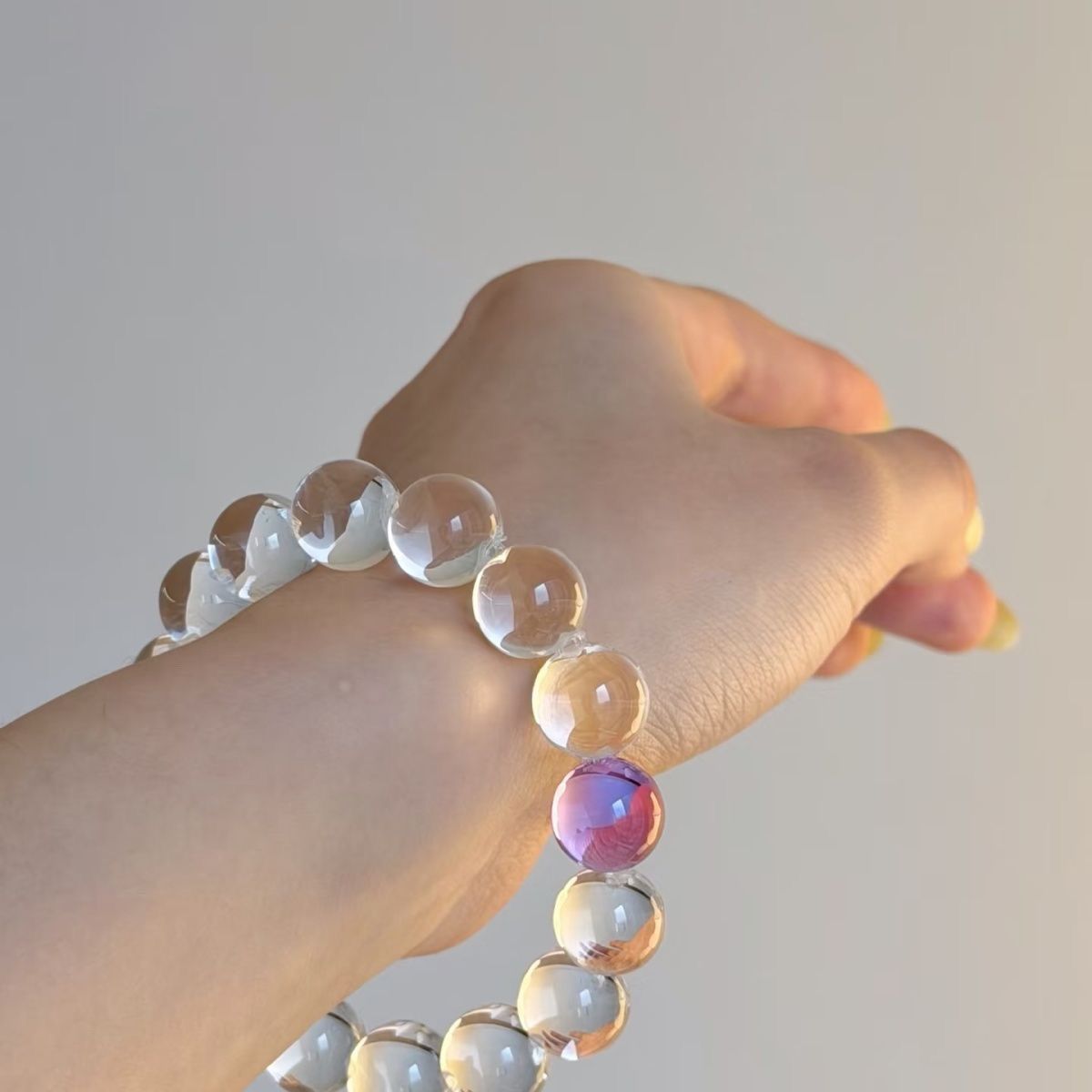 Clear Round Bead Stretch Bracelet With Single Purple Accent Bead, Minimalist Transparent Wrist Jewelry
