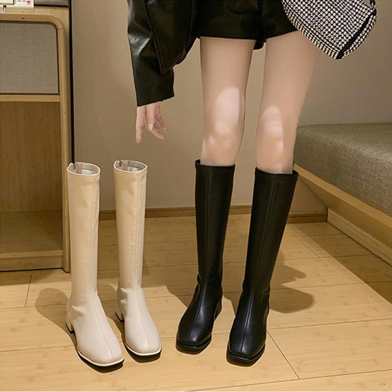 Women's Faux Leather Square Toe Knee High Boots, Back Zipper Stretch Tall Block Heel Boots, Elegant Slim Fit Long Boots Fall Winter Footwear Black Off‑White