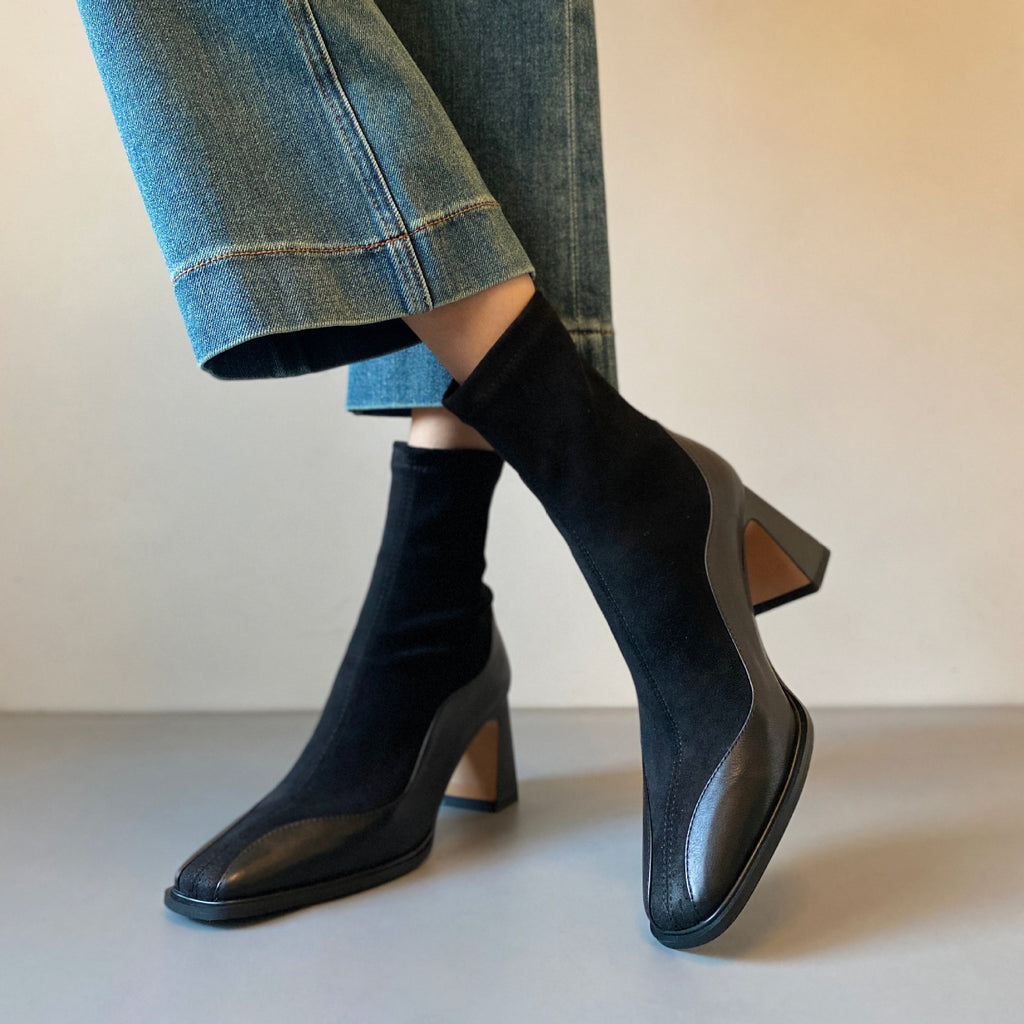 Women's Square Toe Patent Leather Spliced Ankle Boots, Stretch Sock Booties, Chunky Block Heel Back Zip Short Boots, Black Brown Elegant Fall Winter Boots