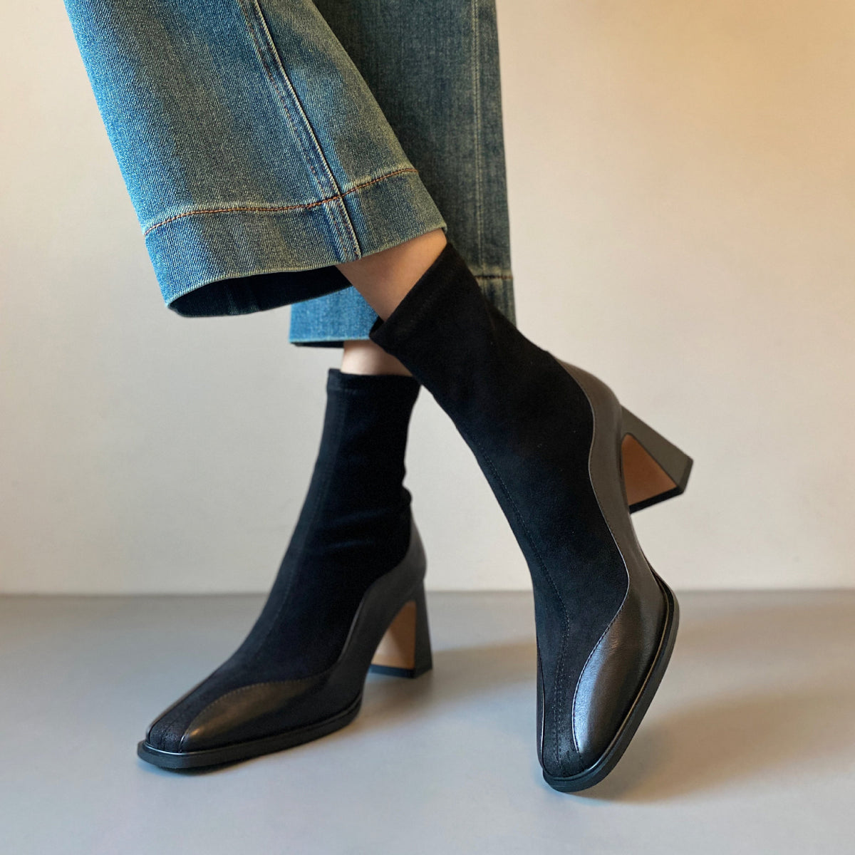 Women's Square Toe Patent Leather Spliced Ankle Boots, Stretch Sock Booties, Chunky Block Heel Back Zip Short Boots, Black Brown Elegant Fall Winter Boots