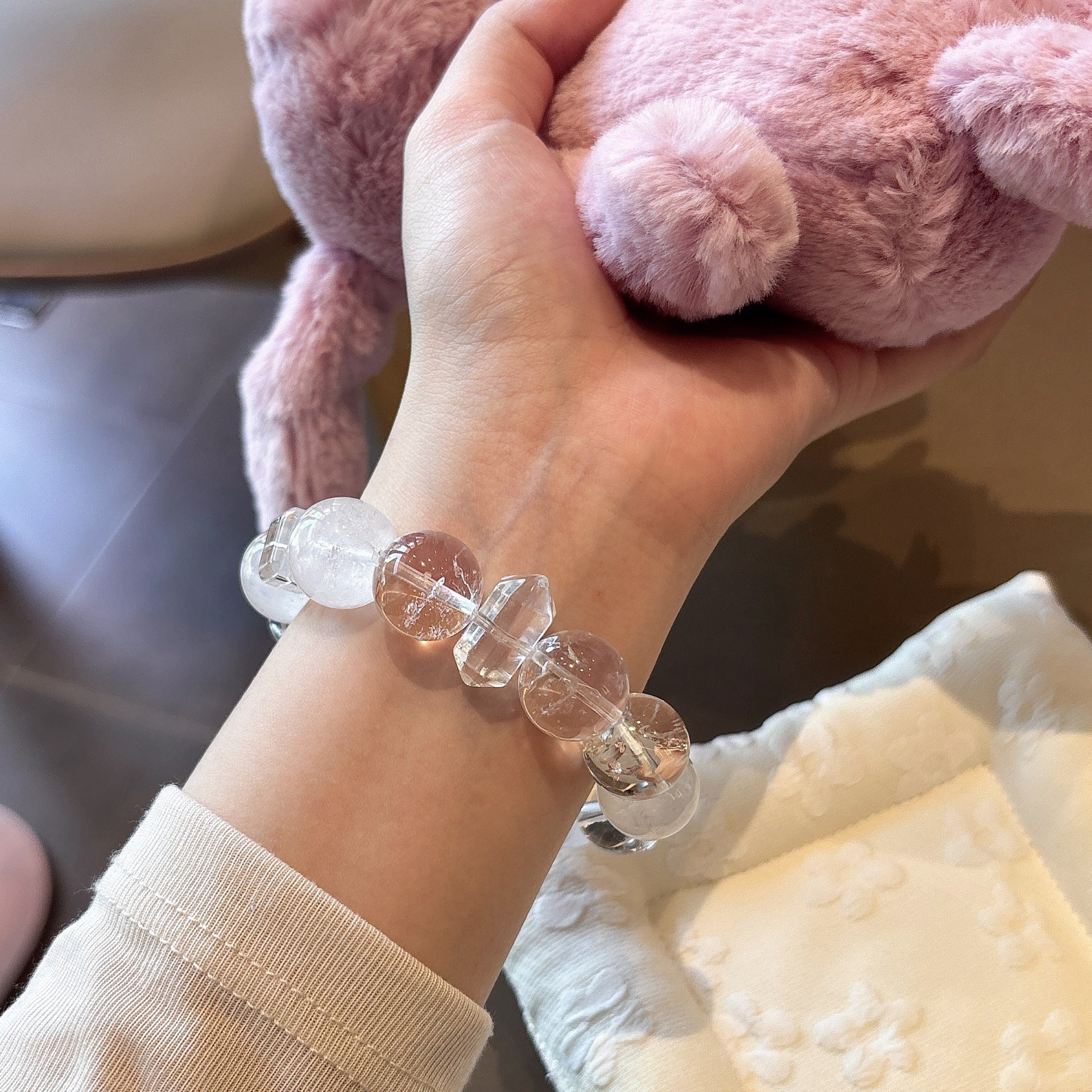 Clear Transparent Crystal Bead Stretch Bracelet, Mixed Shape Polished Wrist Ornament