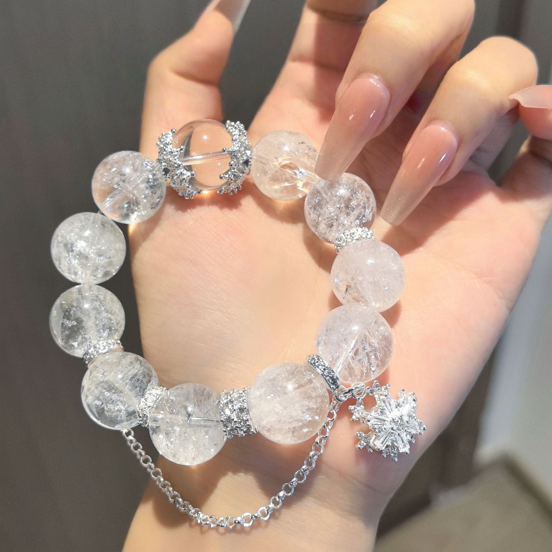 Clear Quartz Beaded Bracelet, Rhinestone Snowflake Charm Stretch Bracelet for Women