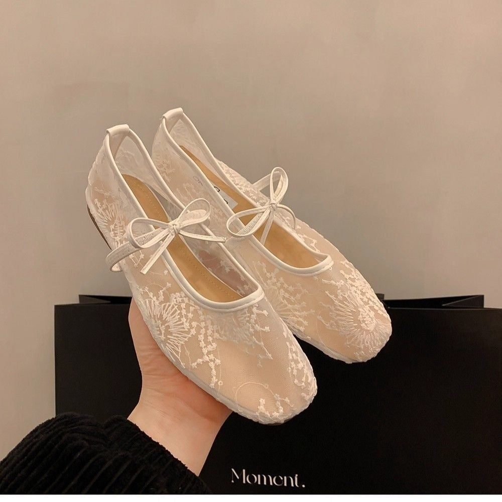 Lace Mesh Embroidered Bow Mary Jane Ballet Flats, Square Toe Strappy Flat Shoes, Elegant Breathable Slip‑On Dress Shoes for Women