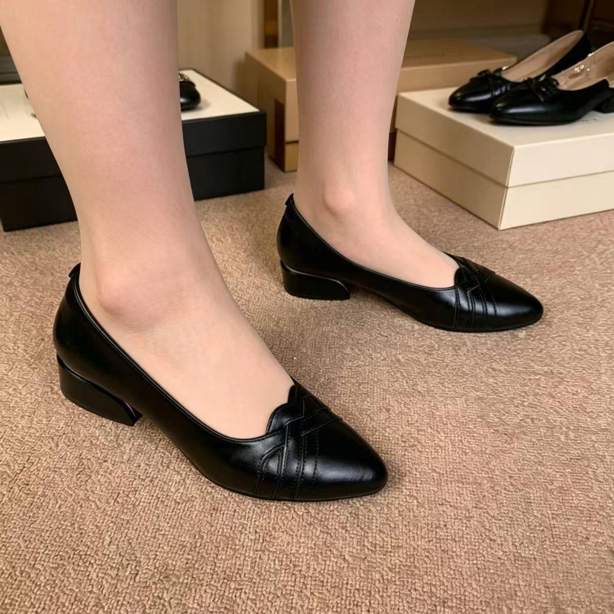 Women's Pointed Toe Block Heel Pumps, Woven Stitch Low Heel Dress Shoes, Comfort Office Work Flats for Ladies Black Beige Dark Brown