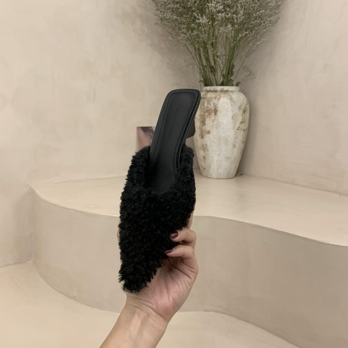 Women's Fuzzy Teddy Mules Slides, Pointed Toe Block Low Heel Backless Mules, Furry Slip‑On Slipper Heels, Fall Winter Dress Party Mules Black Cream Pink