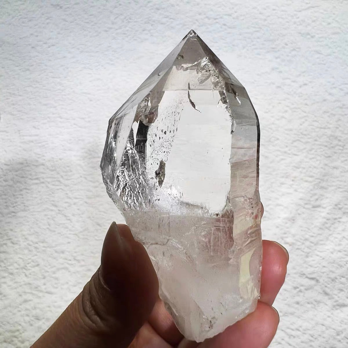 Raw Clear Crystal Point Specimen with Complete Sharp Tip, Linear Surface Texture Unpolished Crystal Tower Tabletop Decor Ornament