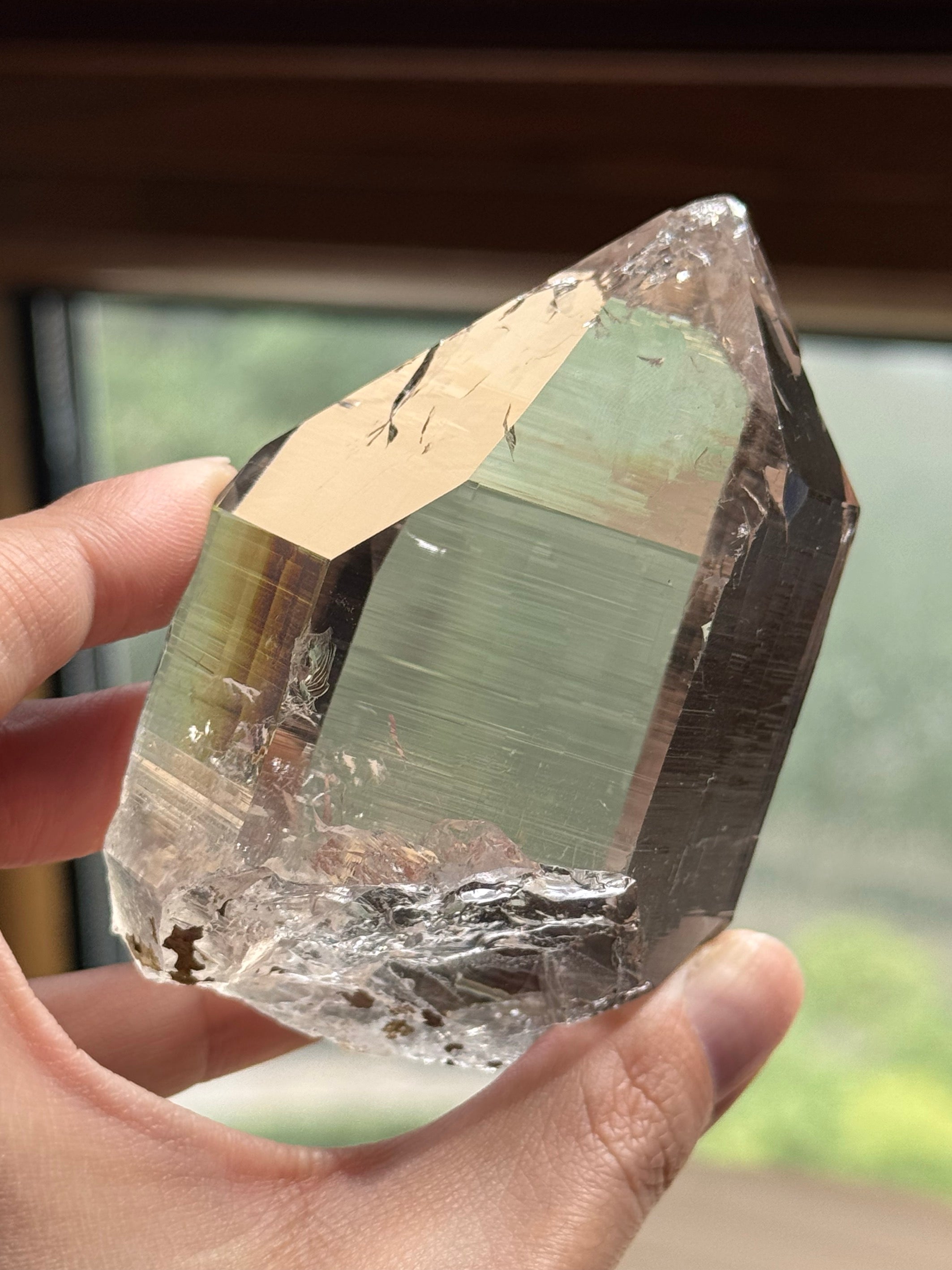 Smoky Toned Clear Crystal Tower Specimen, Horizontal Linear Vein Faceted Crystal Point Desktop Display Ornament
