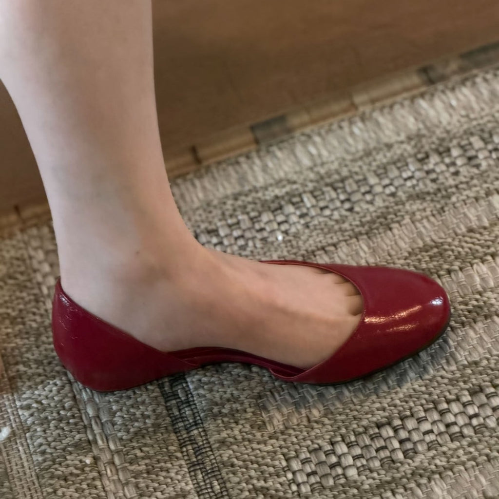 Women's Burgundy Patent D'Orsay Flat Shoes, Round Toe Slip‑On Ballet Flats, Elegant Cut‑Out Side Dress Flats