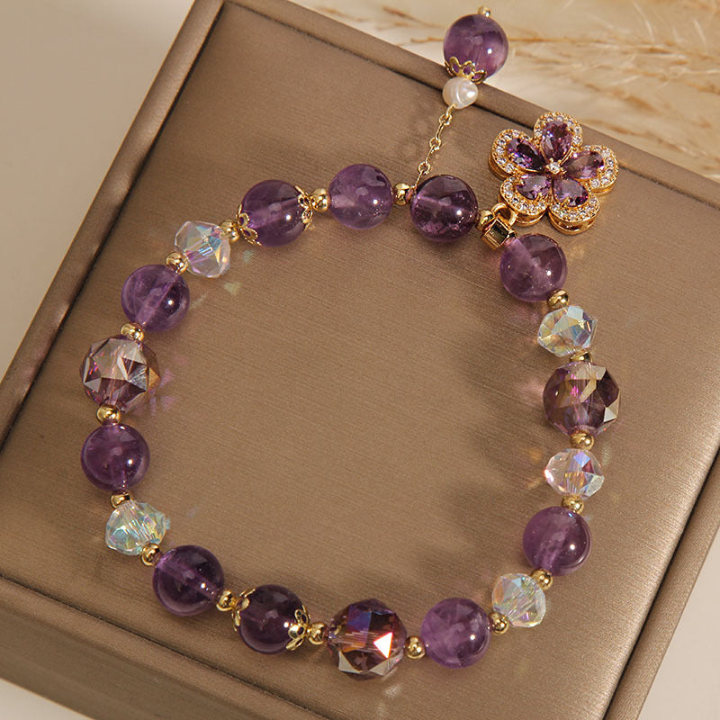 Purple Crystal Beaded Stretch Bracelet, Gold‑Tone Flower Charm with Pearl Tassel Women Fashion Wrist Jewelry