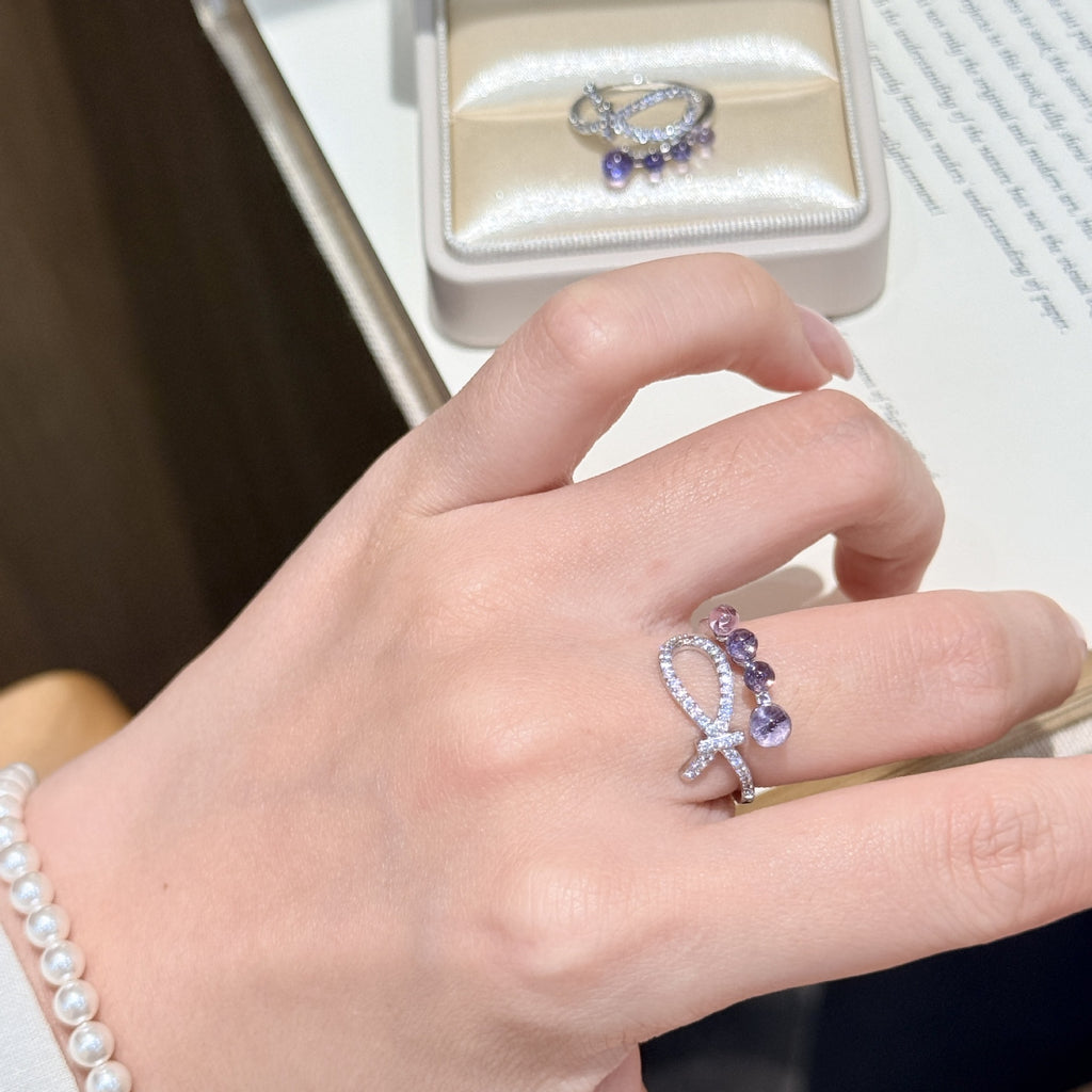 Silver Tone Pave CZ Bow Ring With Gradient Purple Crystal Beads Women Fashion Statement Open Ring Jewelry