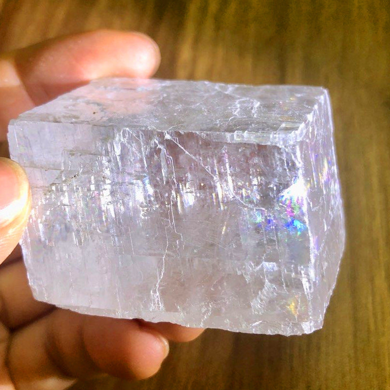 Clear Optical Calcite Rough Slab, Rainbow Flash Iceland Spar Crystal Block Home Decor Specimen