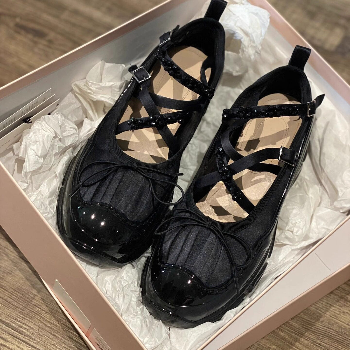 Black Chunky Platform Mary Jane Shoes, Beaded Crisscross Straps Bow Ballet Flats with Thick Sole, Gothic Coquette Footwear for Women