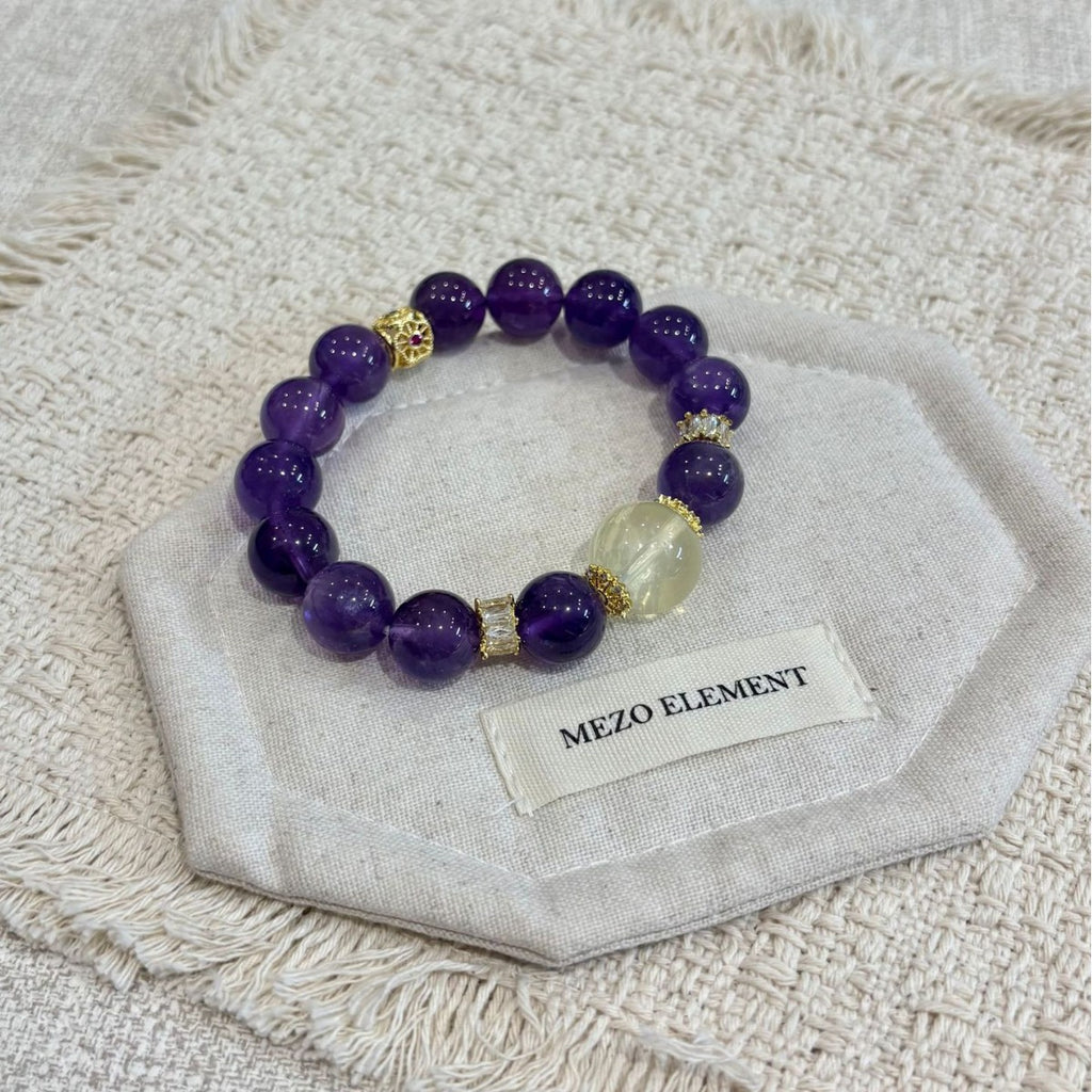 Deep Purple Round Bead Bracelet With Pale Yellow Bead & Gold‑Tone Decorative Spacers Women Elastic Beaded Bracelet