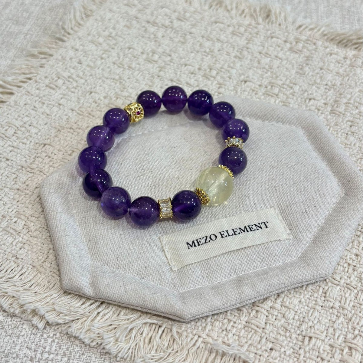 Deep Purple Round Bead Bracelet With Pale Yellow Bead & Gold‑Tone Decorative Spacers Women Elastic Beaded Bracelet