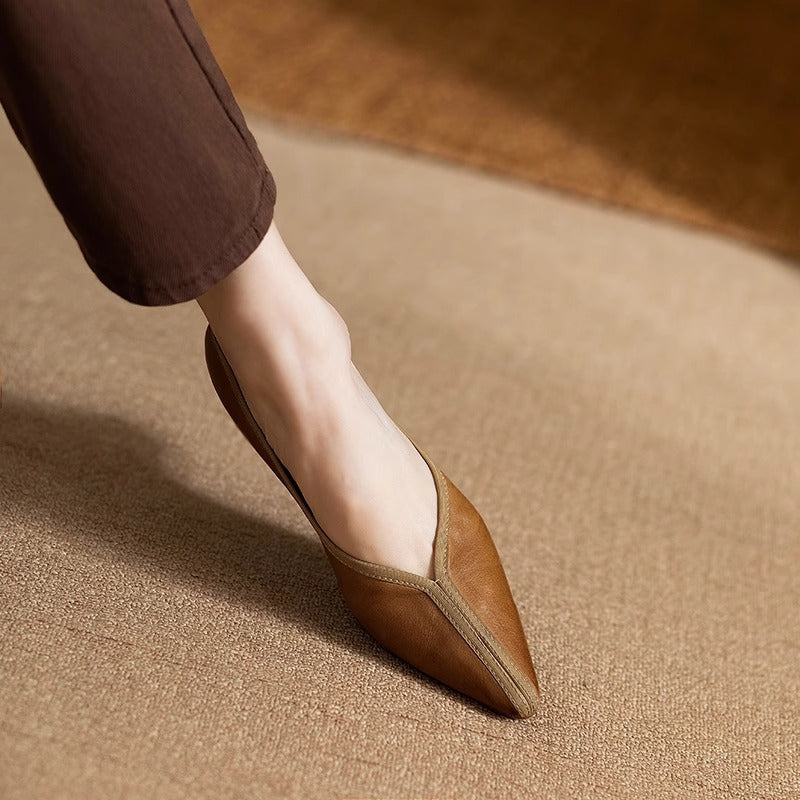 Brown Pointed Toe V-Cut Low Block Heel Pumps, Casual Synthetic Leather Slip-On Dress Shoes, Elegant Low Heel Office Daily Pumps for Women