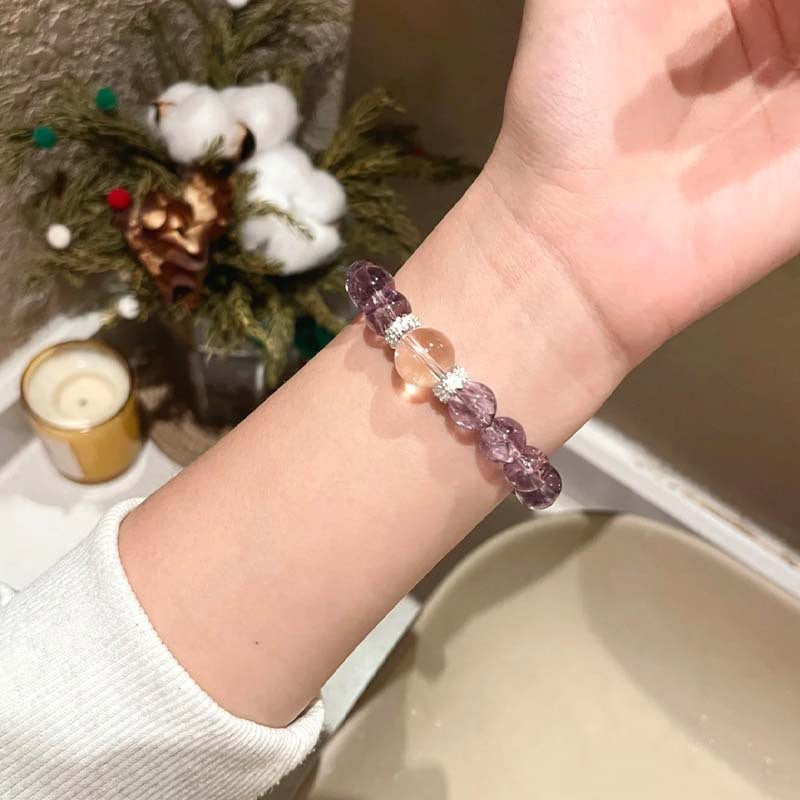 Light Purple Crackle Crystal Bead Stretch Bracelet, Clear Focal Bead with Silver Rhinestone Spacers & Aurora Accent Bead Bracelet for Women