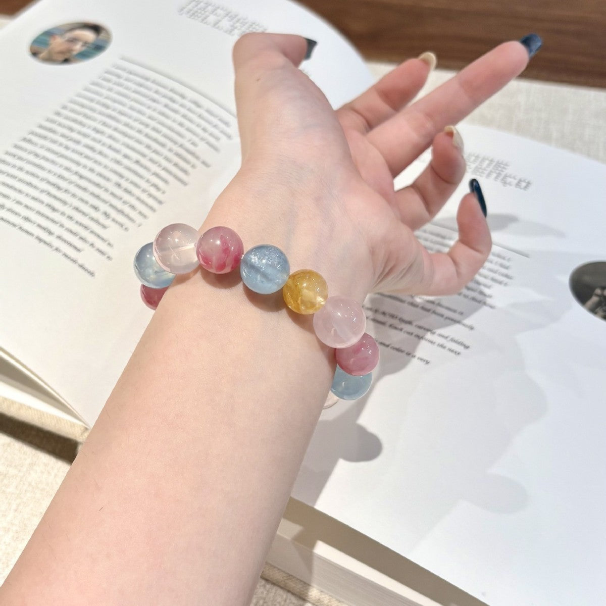 Multicolor Pastel Round Bead Stretch Bracelet Pink Blue Yellow Clear Mixed Beaded Bracelet For Women