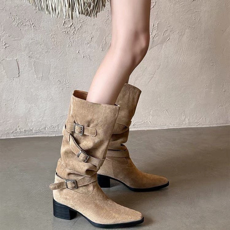 Women's Faux Suede Knee High Slouchy Boots, Multi Buckle Straps Pointed Toe Block Heel Western Boots, Pull On Chunky Heel Cowgirl Boots, Khaki Black Fall Winter Footwear