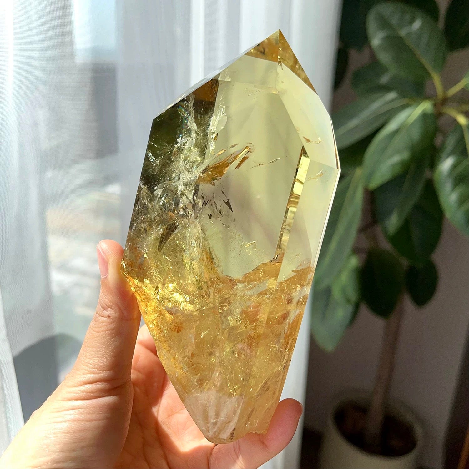 Golden Yellow Crystal Tower Point Ornament, Rutile Inclusion Polished Hexagonal Prism Decor
