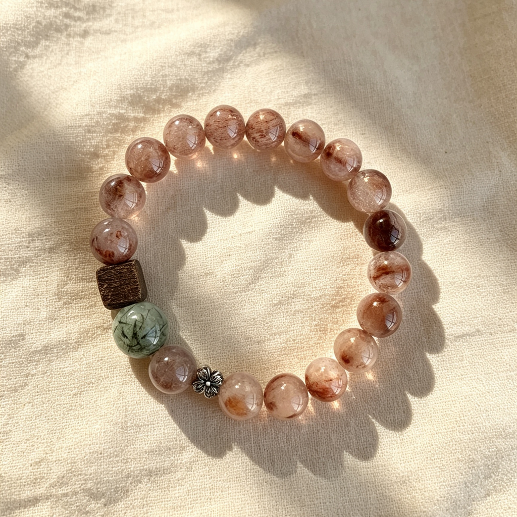 Red Rutilated Quartz Bracelet with Green Rutilated & Agarwood, Minimal Chinese Style Crystal Bracelet