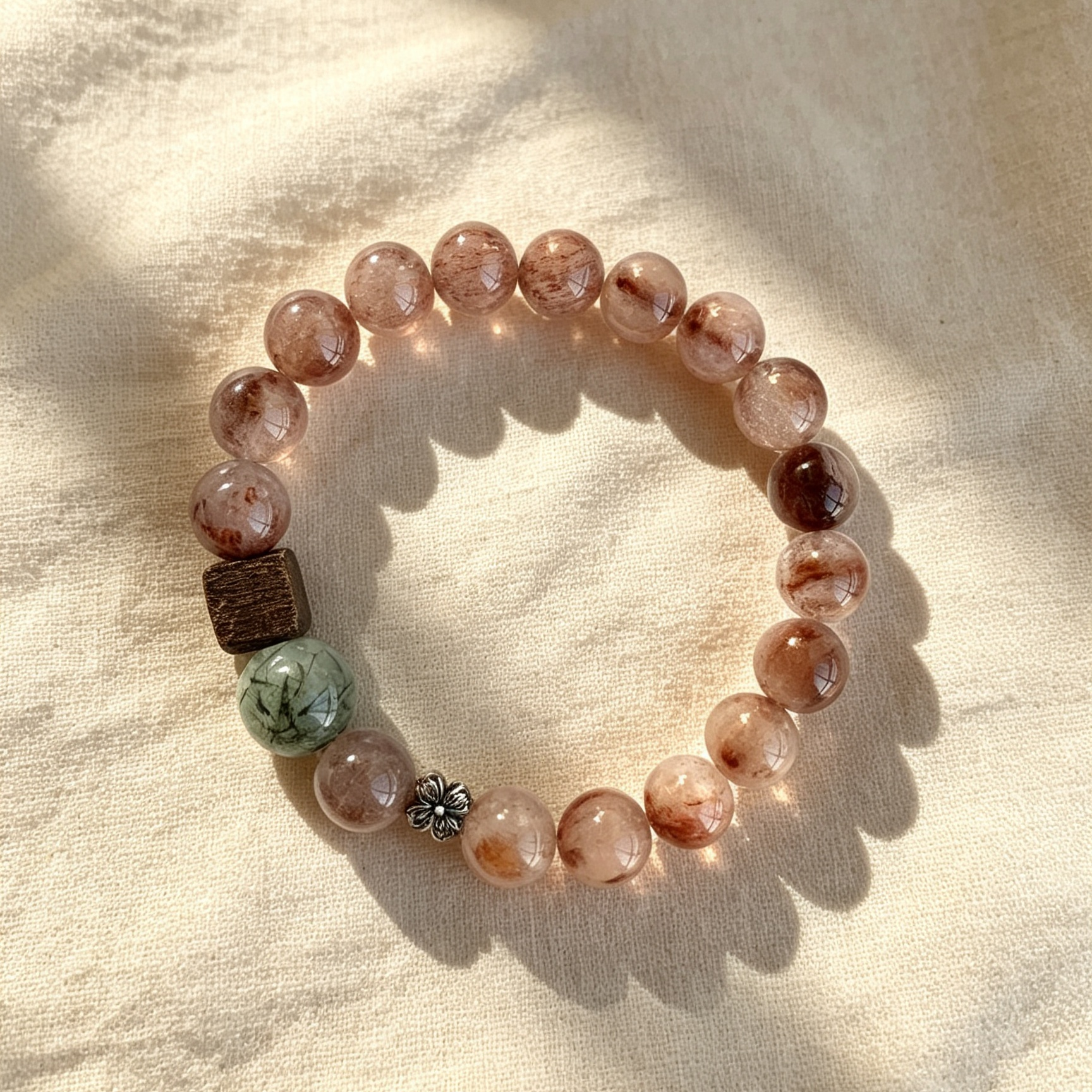 Red Rutilated Quartz Bracelet with Green Rutilated & Agarwood, Minimal Chinese Style Crystal Bracelet