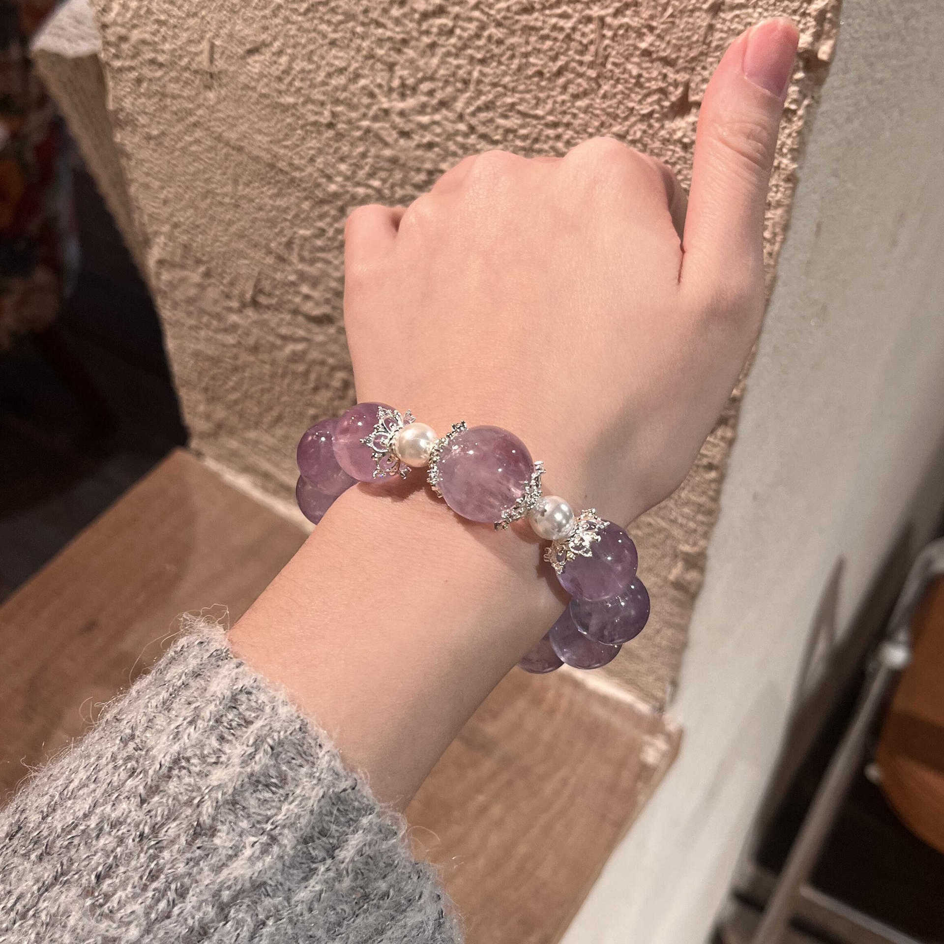 Transparent Lavender Purple Round Bead Stretch Bracelet, Imitation Pearl & Silver Spacer Beaded Bracelet for Women