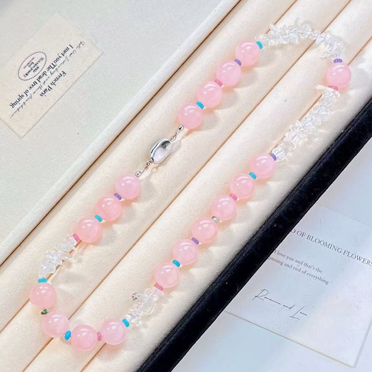 Pastel Pink Round Bead Choker Necklace, Clear Chip Stone Beaded Necklace with Color Spacers for Women