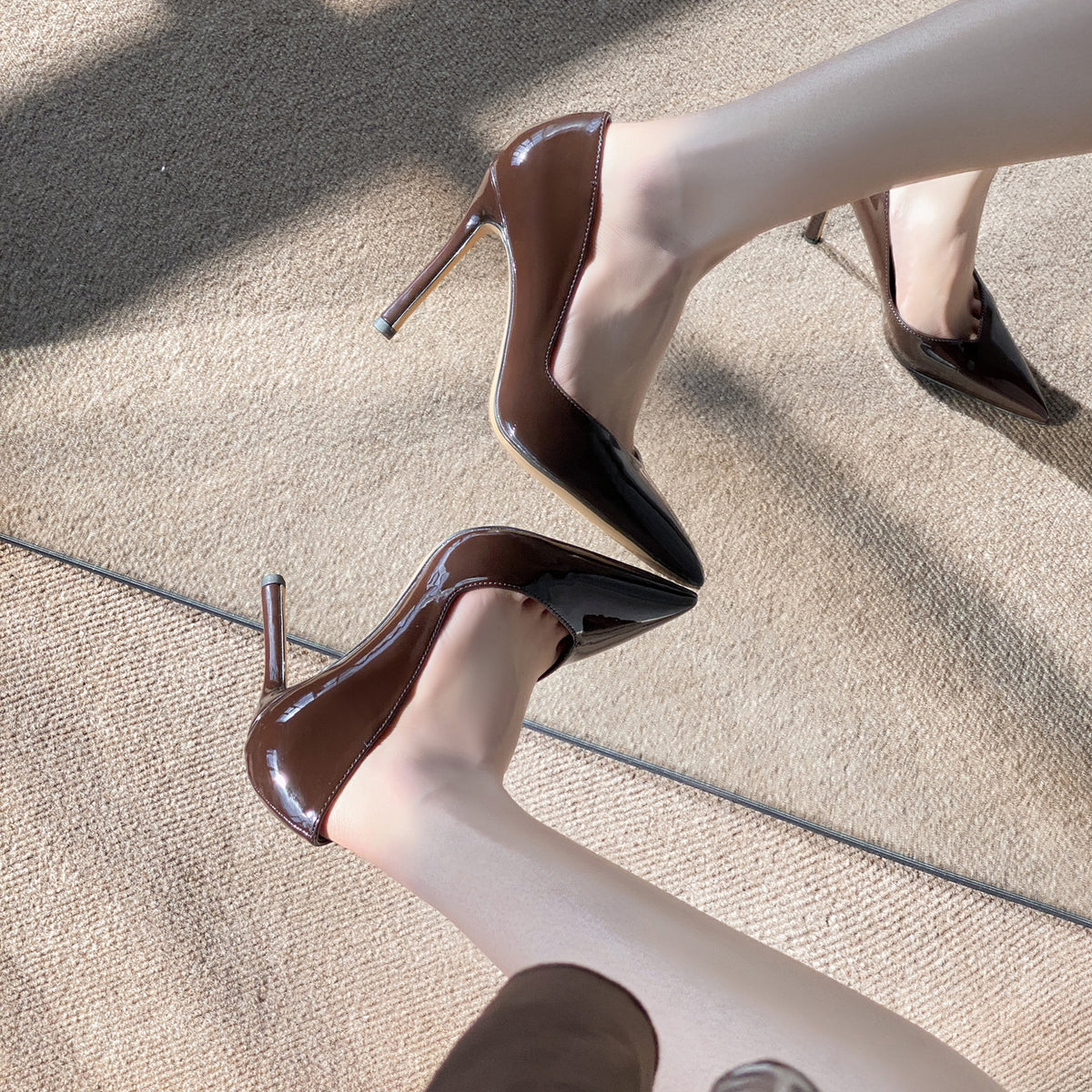 Women's Dark Brown Patent Pointed Toe Stiletto Pumps, V‑Cut Slip‑On High Heels, Elegant Office Party Dress Heels