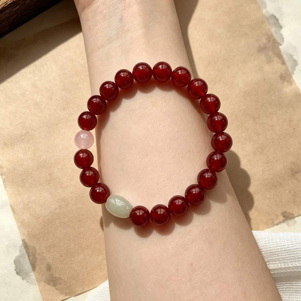 Red Round Bead Bracelet With Pink & Pale Green Accent Beads, Chinese Minimal Daily Jewelry