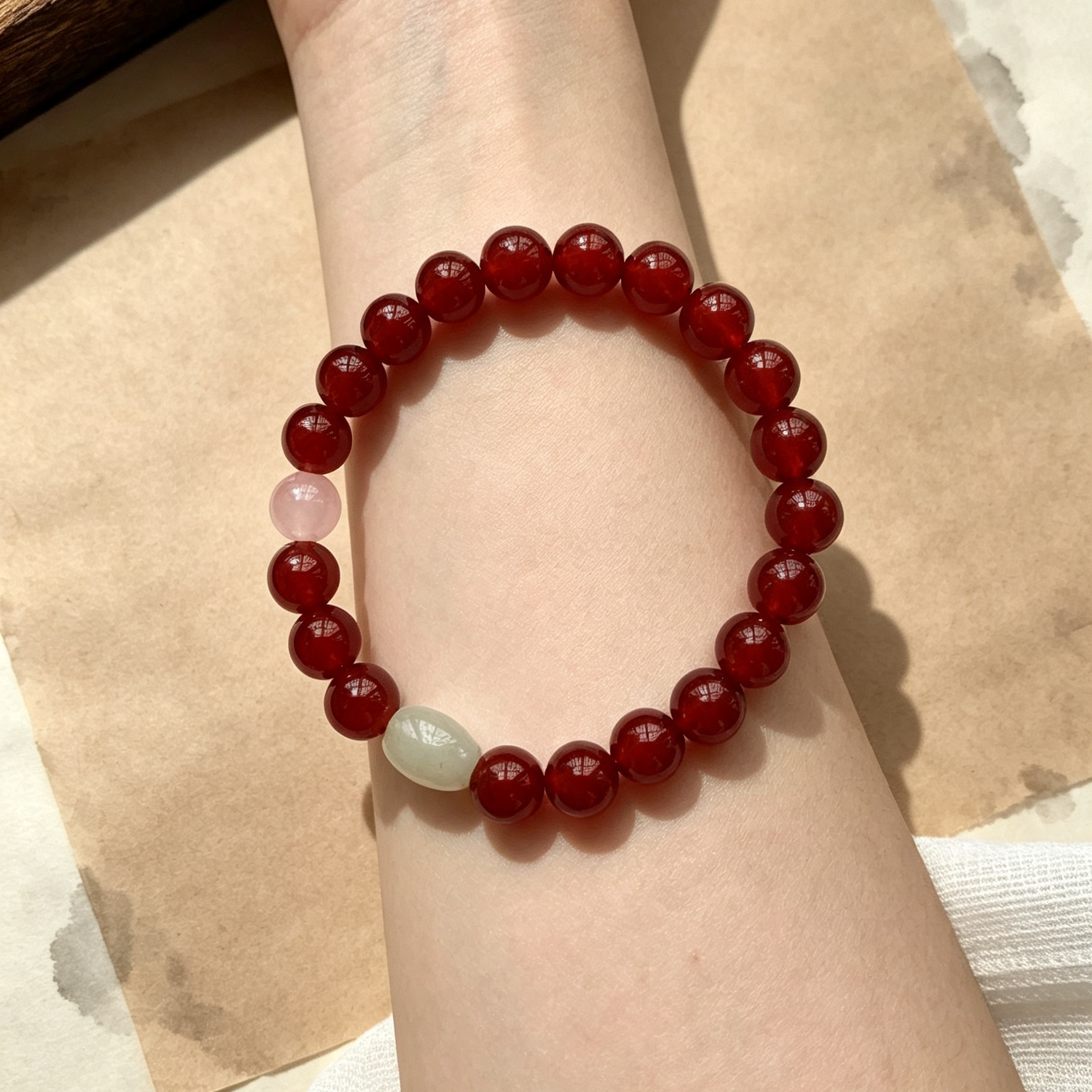 Red Round Bead Bracelet With Pink & Pale Green Accent Beads, Chinese Minimal Daily Jewelry