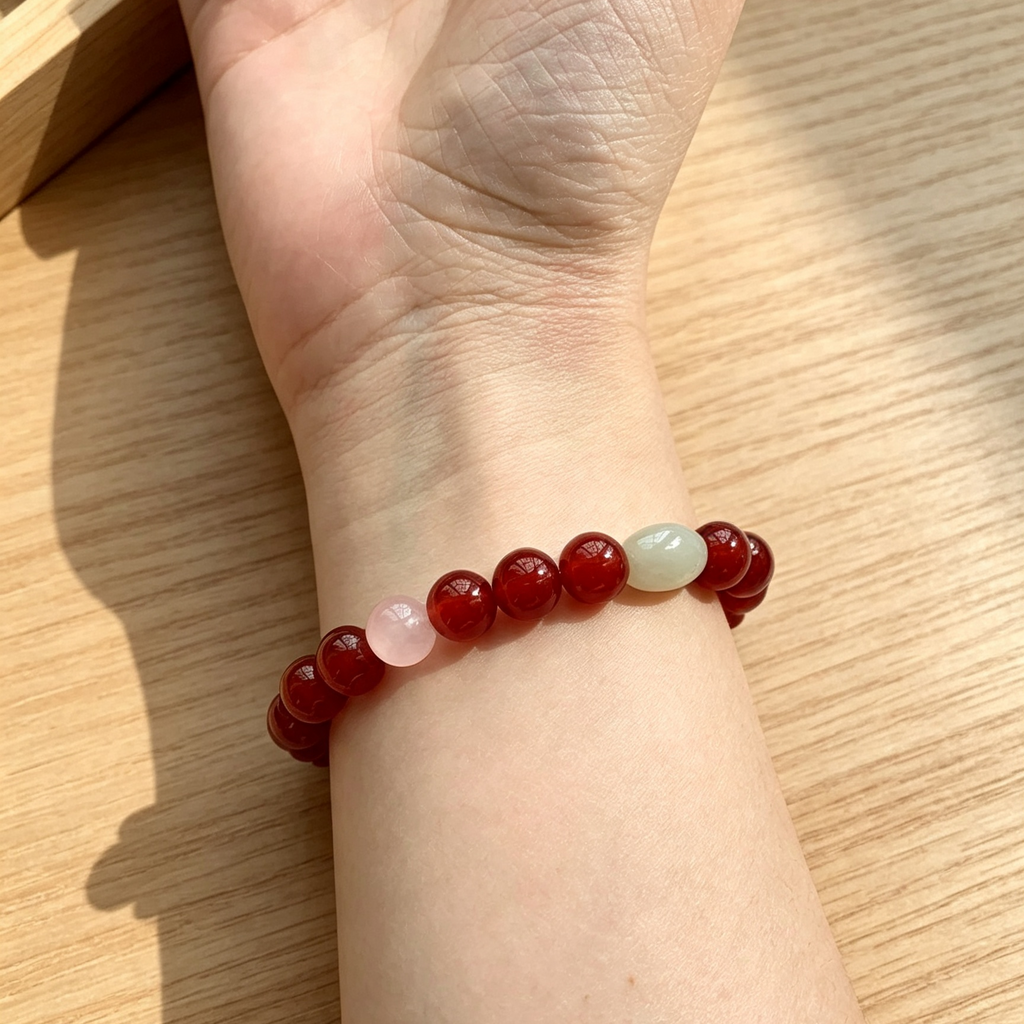 Red Round Bead Bracelet With Pink & Pale Green Accent Beads, Chinese Minimal Daily Jewelry