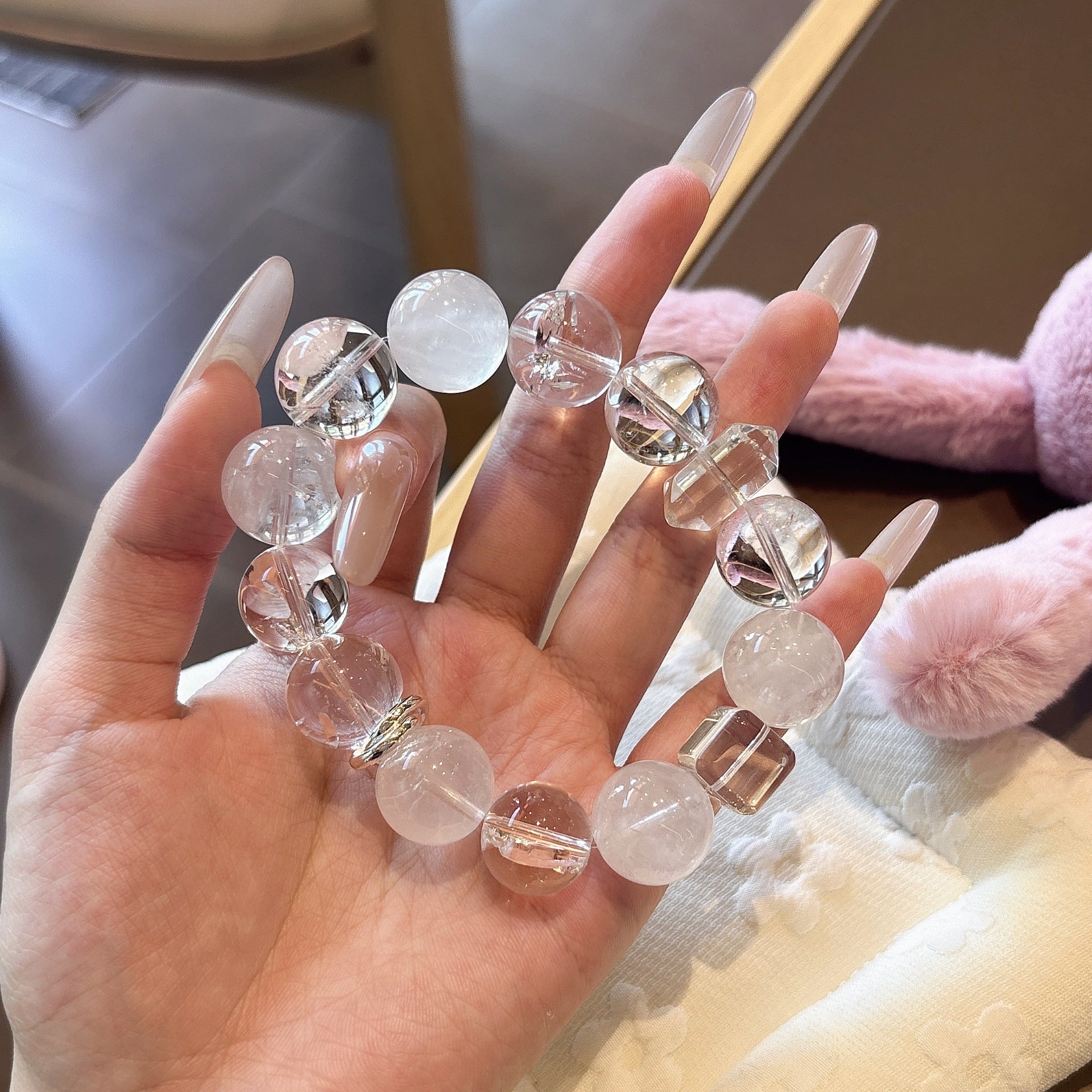 Clear Transparent Crystal Bead Stretch Bracelet, Mixed Shape Polished Wrist Ornament