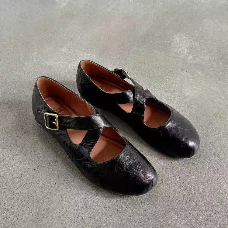 Crinkled Faux Leather Cross‑Strap Mary Jane Flats, Round Toe Buckle Ballet Flat Shoes, Vintage Casual Flat Shoes for Women