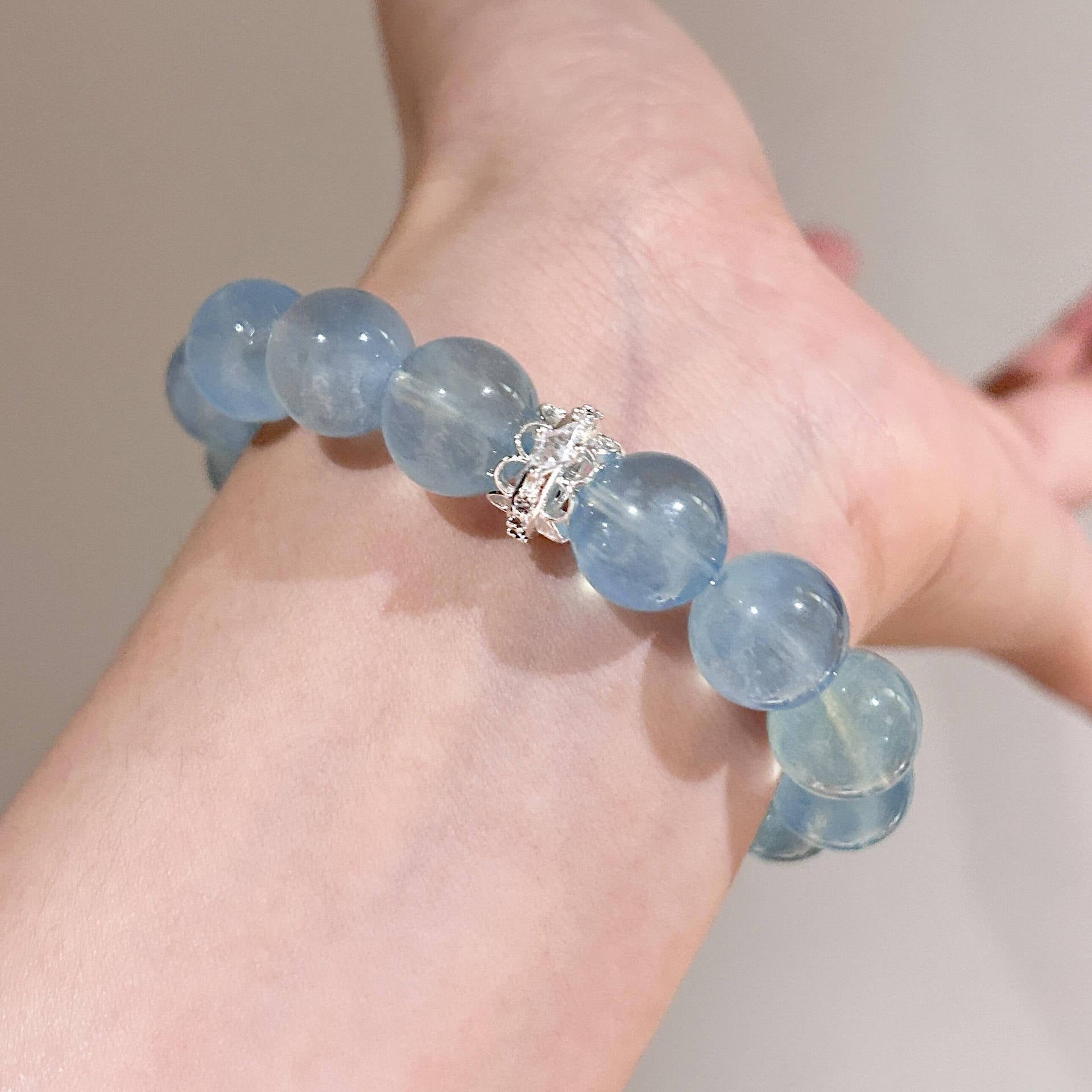 Transparent Light Blue Round Bead Stretch Bracelet, Gold Inlay Bead & Silver Ornament Beaded Bracelet for Women