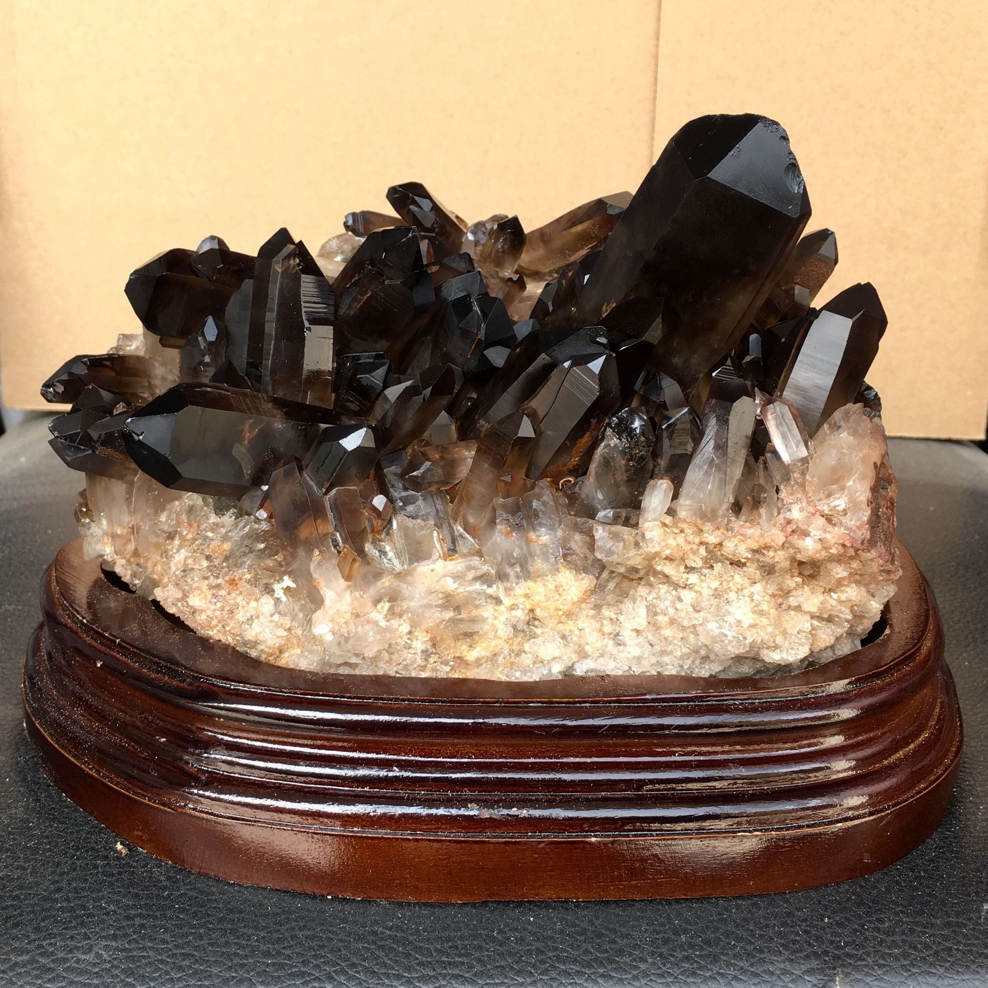 Dark Smoky Black Crystal Cluster Specimen, Polished Hexagonal Prism Display Decor With Wooden Base