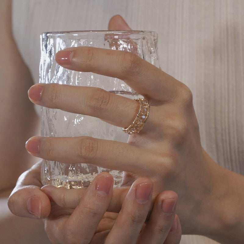 Hand-Wrapped Adjustable Open Ring, Champagne Faceted Beads Wide Band Ring