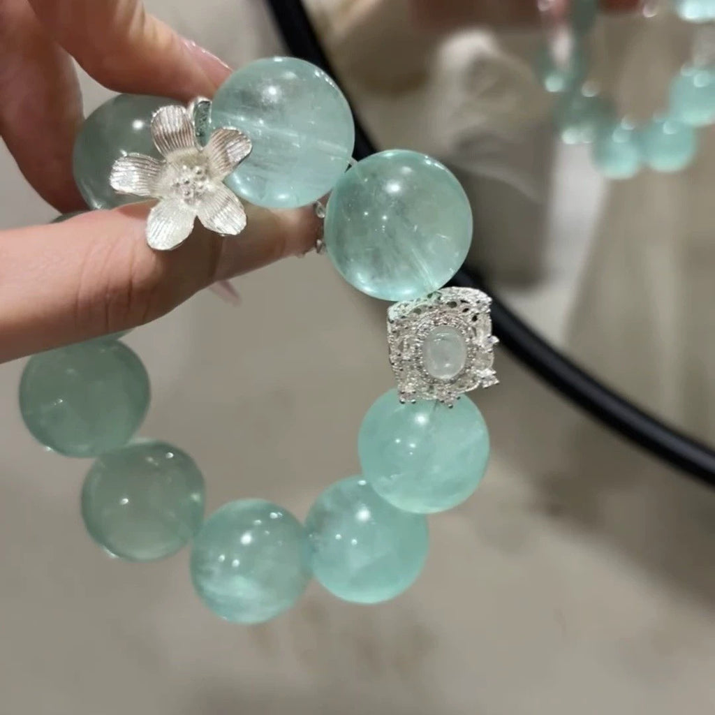 Mint Transparent Crystal Bead Stretch Bracelet, Vintage Silver Floral Wrist Adornment