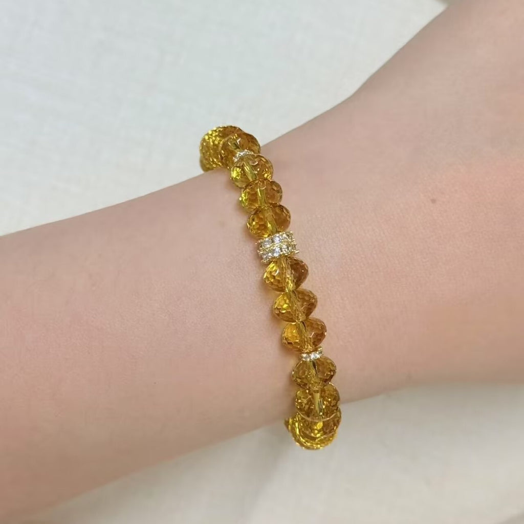 Faceted Wheel‑Cut Yellow Crystal Stretch Bracelet, Pave Crystal Spacer Bead Stackable Wrist Jewelry for Women
