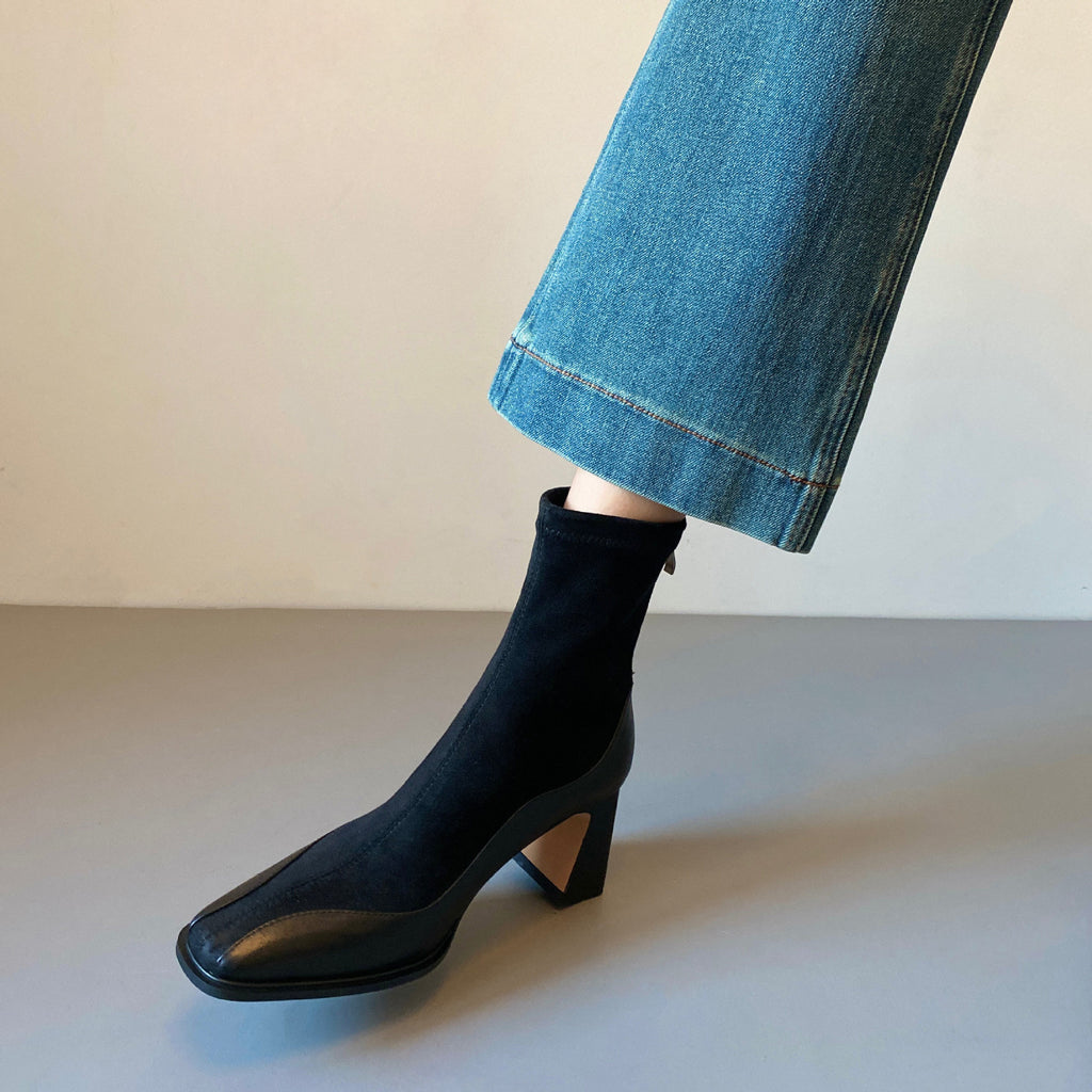 Women's Square Toe Patent Leather Spliced Ankle Boots, Stretch Sock Booties, Chunky Block Heel Back Zip Short Boots, Black Brown Elegant Fall Winter Boots