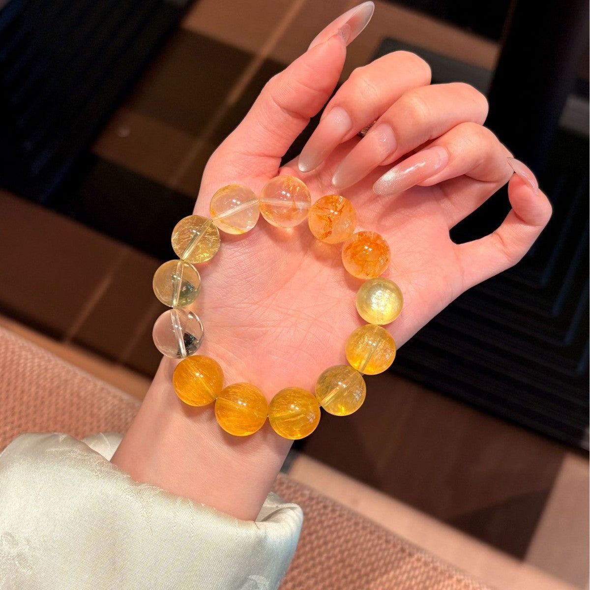 Gradient Warm Golden‑Yellow Round Bead Stretch Bracelet, Large Size Mixed Tone Beaded Bracelet For Women