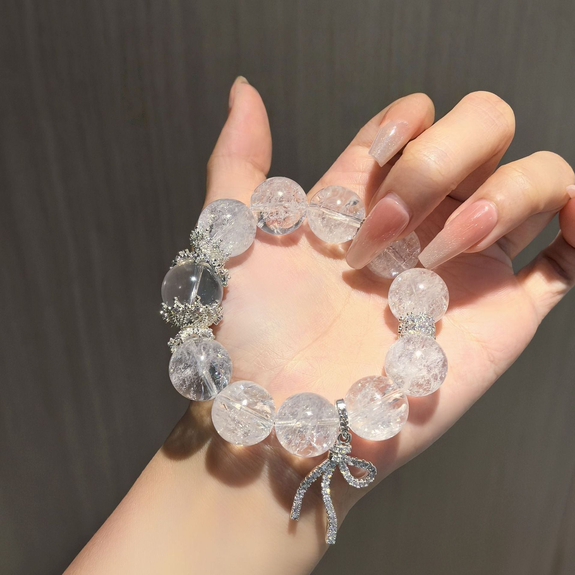 Clear Quartz Beaded Bracelet, Rhinestone Snowflake Charm Stretch Bracelet for Women