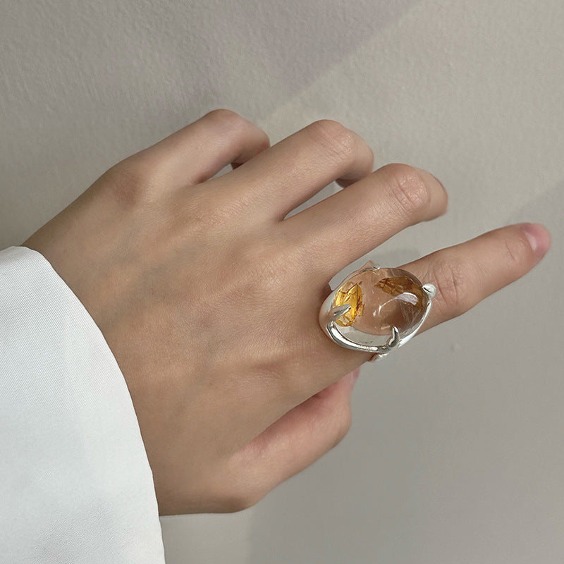 Irregular Oval Claw Set Stone Statement Ring, Silver Tone Open Band Chunky Crystal Ring for Women