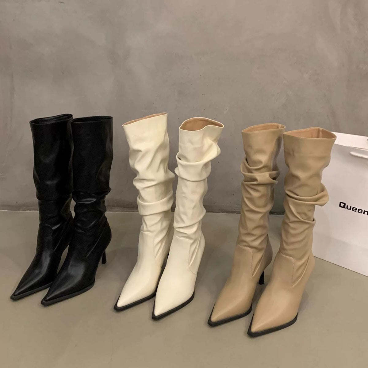 Women's Faux Leather Pointed Toe Knee High Boots, Slouchy Stiletto Heel Tall Boots, Pull On Chunky Thin Heel Dress Boots, Black Off White Khaki Fall Winter Footwear