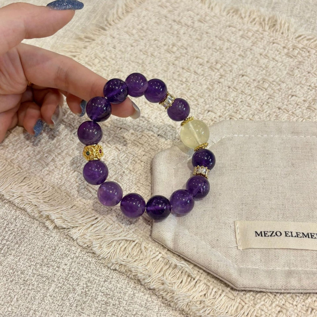 Deep Purple Round Bead Bracelet With Pale Yellow Bead & Gold‑Tone Decorative Spacers Women Elastic Beaded Bracelet