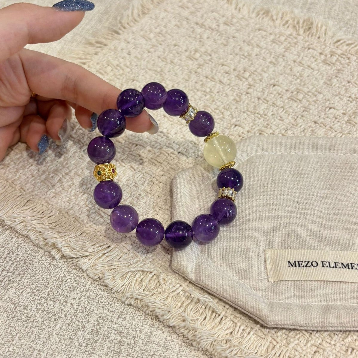 Deep Purple Round Bead Bracelet With Pale Yellow Bead & Gold‑Tone Decorative Spacers Women Elastic Beaded Bracelet