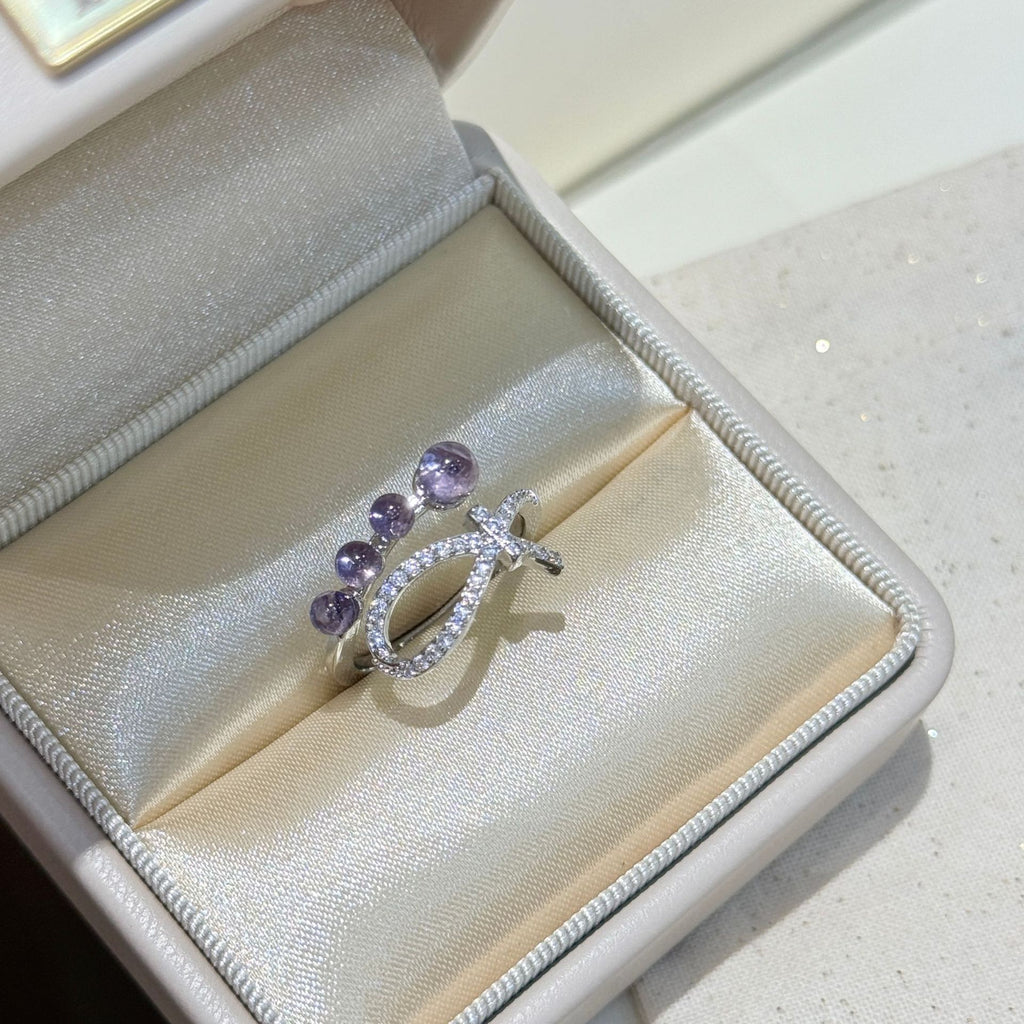 Silver Tone Pave CZ Bow Ring With Gradient Purple Crystal Beads Women Fashion Statement Open Ring Jewelry