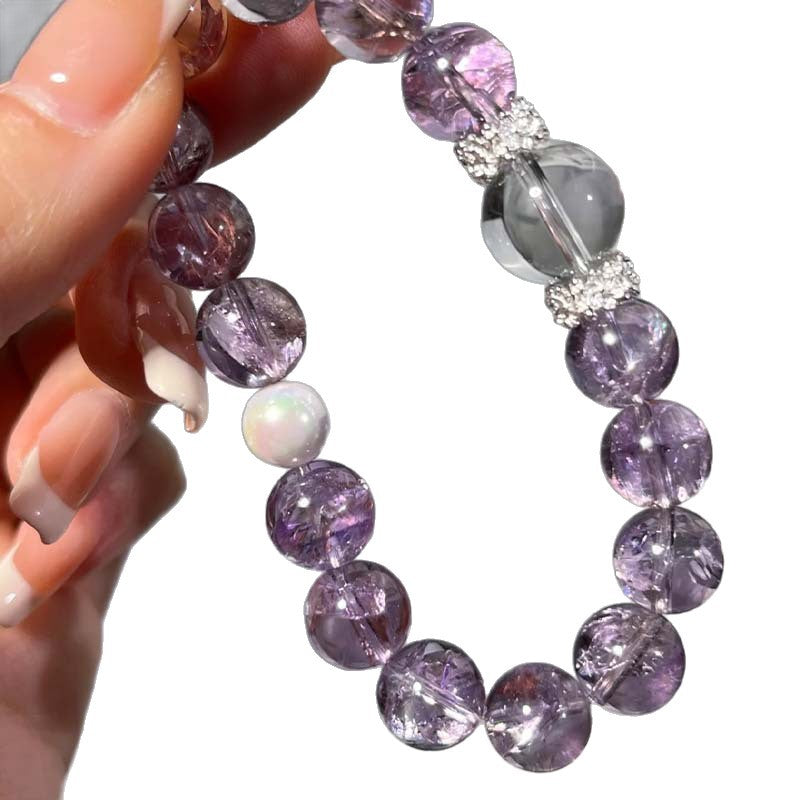 Light Purple Crackle Crystal Bead Stretch Bracelet, Clear Focal Bead with Silver Rhinestone Spacers & Aurora Accent Bead Bracelet for Women