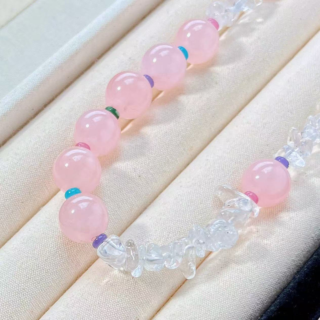 Pastel Pink Round Bead Choker Necklace, Clear Chip Stone Beaded Necklace with Color Spacers for Women