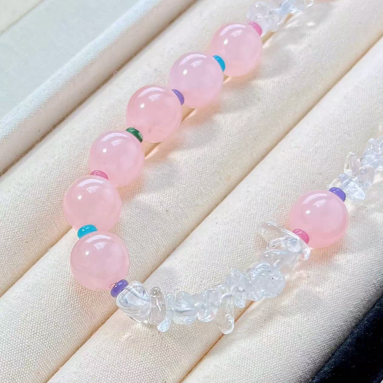 Pastel Pink Round Bead Choker Necklace, Clear Chip Stone Beaded Necklace with Color Spacers for Women