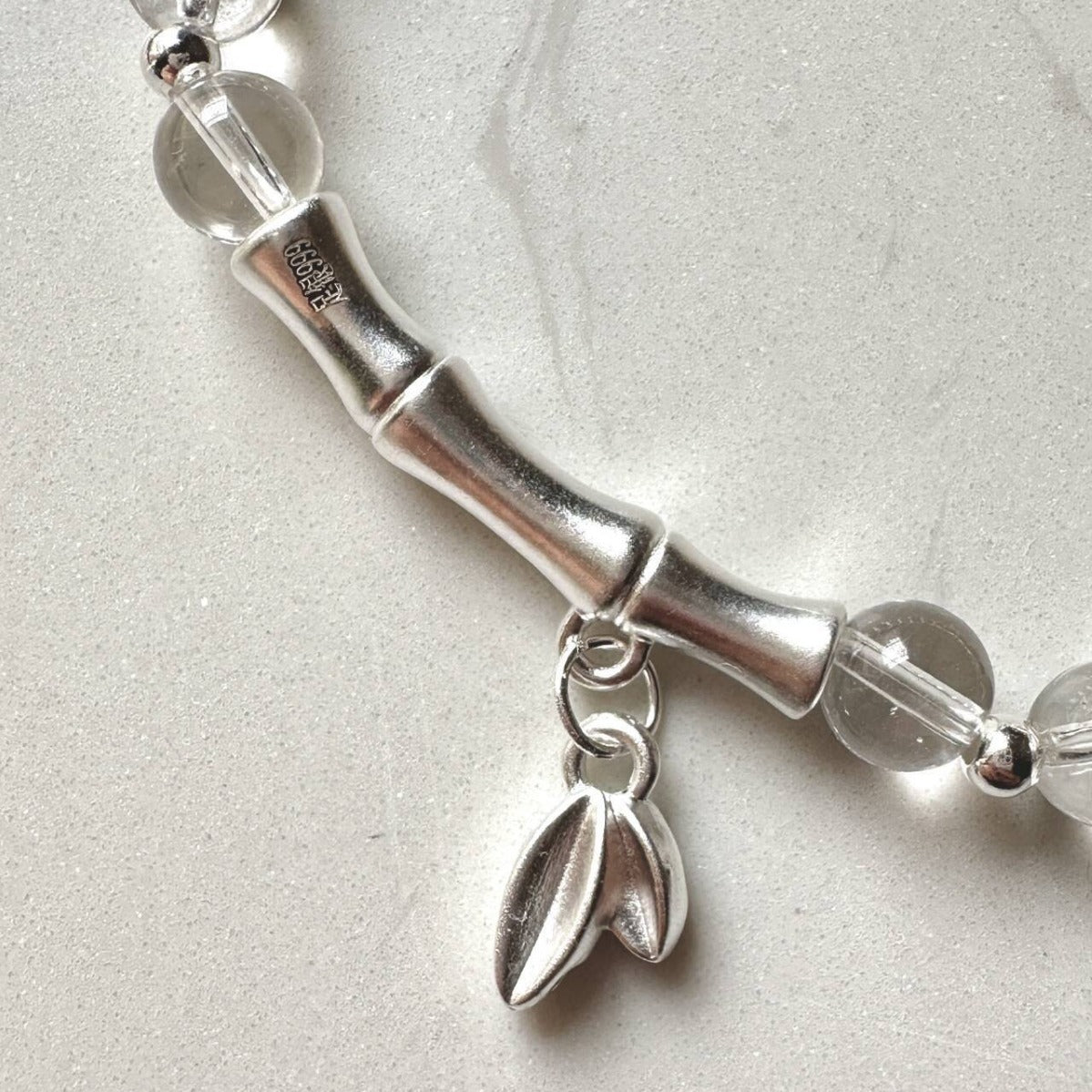 Solid Silver Bamboo Shape Clear Crystal Beaded Stretch Bracelet Leaf Charm Elegant Women Jewelry